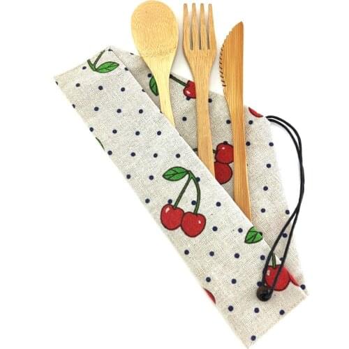 Zero Waste Bamboo OutdoorHome Travel Portable Utensils High Quality Eco-friendly Knives Spoon Fork with Cloth Bag