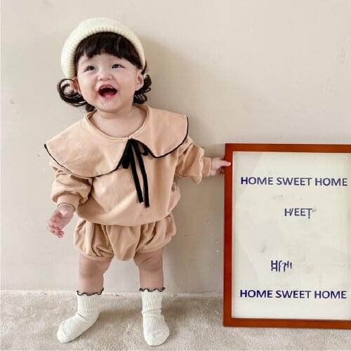 2021 Autumn New Cotton Baby Clothes Girls Large Lapel Sweatshirt + Pp Shorts 2pcs Solid Children Casual Sweatshirt Set
