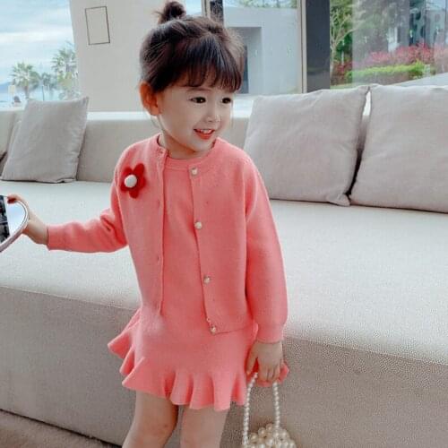 Girls Winter Fall Clothes Set Kids Flower Knitted Cardigan With Simple Knit Dresses 2 Piece Baby Girl Fashion Costume 2-6 Years