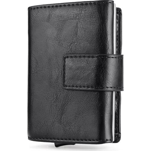 RFID Protection Magnetic Button Aluminum Business Id credit Card Holder Wallet Slim Smart Vintage PU Wallet Men Zipper Coin