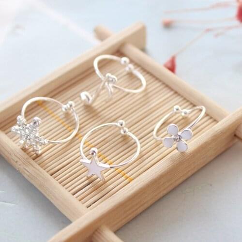 Christmas Gifts Cute Snowflake Musical Note Girls Rings Women Silver Clor Five Star Sakura Romantic Adjustable Open Finger Rings