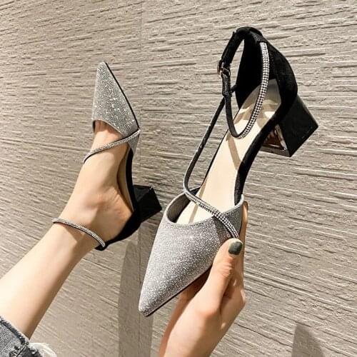 Summer Womens All-match Baotou Sandals Womens One-word Buckle with Pointed Toe Mid-high-heeled Thick-heeled Single Shoes Women