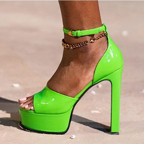 Summer Open Toe Ankle Strap High Platform Sandals with Metal Chain Chunky High Heel Shoes Pumps Party Wedding Big Size 43