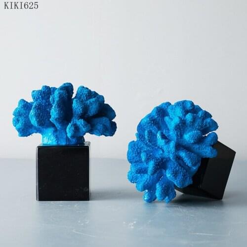 Blue Coral Decoration with Marble Base Creative Resin Crafts Living Room Book Countertop Coral Decoration Home Decoration Gifts