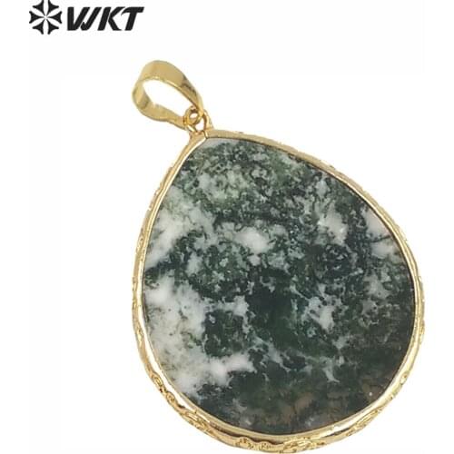 WT-P1312 New Trendy Natural Stone Pendant Water Drop Shape Metal Pendant for Necklaces Jewelry Making Moss Stone Pendants