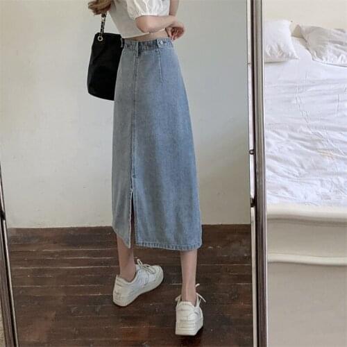 2021 Summer New Skirts Split A-Line Skirt Retro Hong Kong Style Mid Length High Waist Slim Denim Skirt Jean Casual BSQ206