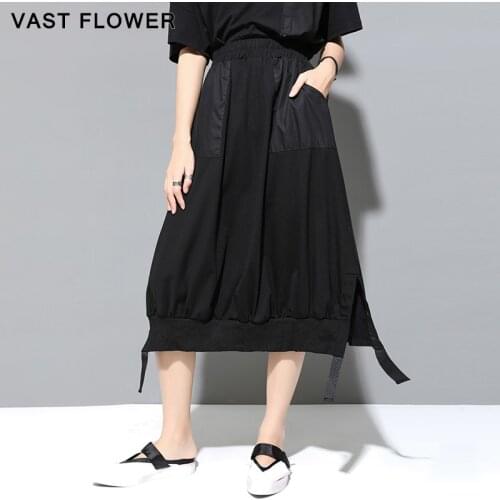 2020 New Summer Black Vintage High Waist Split Skirt Women Midi Patch PocketLoose Casual Skirts Clothes Fashion Streetwear