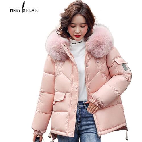 PinkyIsBlack Women Winter Hooded Thick Short Jacket Solid Casual Glossy Warm Cotton Padded Parkas Fur Collar Winter Coat Women