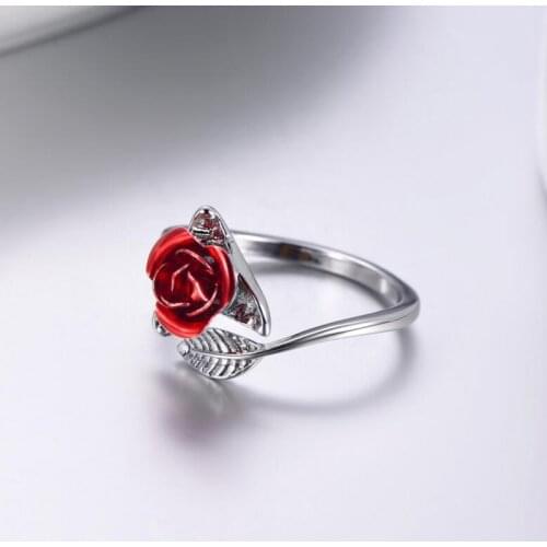 Women Open Rings Red Rose Flower Leaves Rings Simple Fashion Finger Ring Jewelry Lady ValentineS Day Gift Jewelry