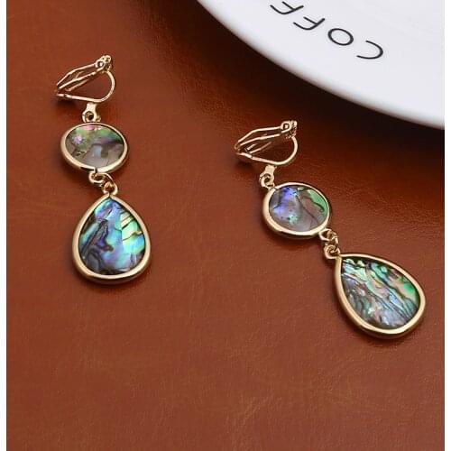 Japan Luxury Natural Abalone Shell Teardrop Pendant Clip on Earrings No Pierced New Zealand Shell Ear Clips for Women Jewelry