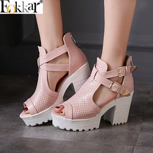 Eokkar 2019 Chunky High Heel Platform Women Pumps Peep Toe Buckle Strap Thick Heels Casual Shoe Black Shoes For Women Size 34-43