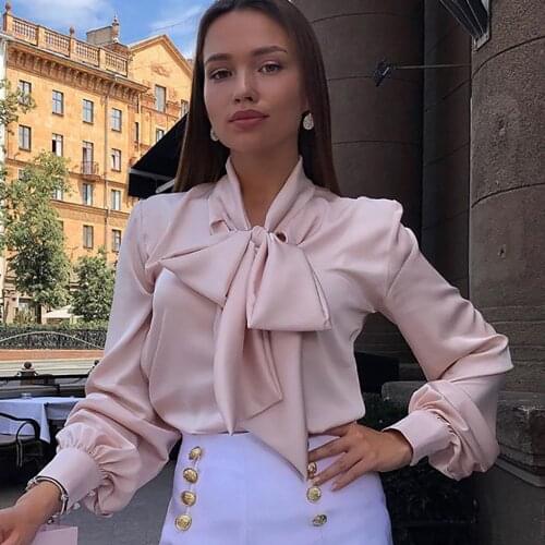 Fashion Bow Tie Imitation Silk Blouses Women Spring Autumn Long Sleeves Satin Shirt Korean Chic Solid Tops Office Lady Work Wear