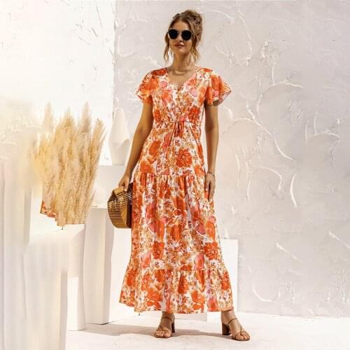 Women Elegant V-Neck Floral Print Ruffles Boho Long Dress 2021 New Summer Ladies Lace Up Short Sleeve Beach Vestidos Female Robe