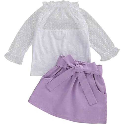 2020 Summer Toddler Kids Baby Girls White Lace Puff Sleeve Tops T-shirt Purple Bow Skirts Outfits Clothes 2PCS
