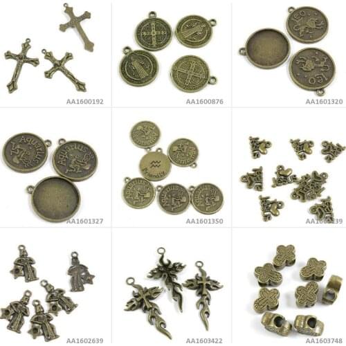 Antique Bronze Tone Jewelry Charms Latin Cross Loose Beads Fire Aquarius I Love Jesus Tag Cabochon Blank Leo Signs Jerusalem