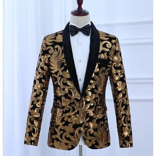 Free shipping mens black/grey golden embroidery sequined golden leaf tuxedo jacket/stage performance jaceket with pants