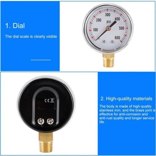 Large Working Temperature Range 1/4NPT 600PSI Bottom Entry Accurate Hydraulic Oil Water Pressure Gauge for Air Pump