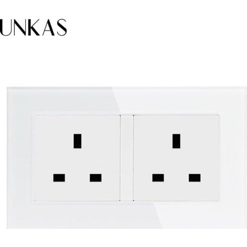UNKAS Double 146*86mm UK Standard Wall Socket Crystal Glass Panel Power Outlet Grounded AC 100~250V,Siamesed Design