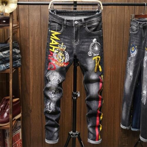 Male Jeans Men MenS Jean Homme Denim Slim Fit Pants Trousers Black Biker Printing Designer Skinny High Quality Soft Young