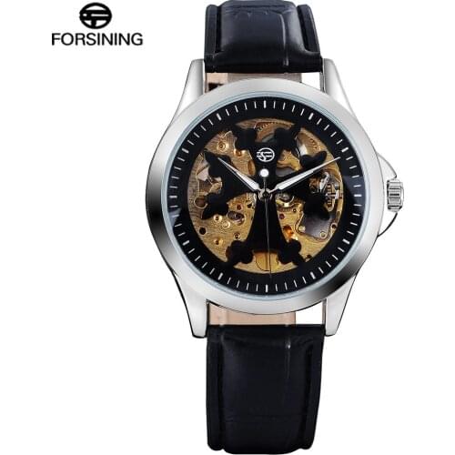 FORSINING Mens Watches Skeleton Genuine Leather Top Brand Black Color Auto Mechanical Men Watch Relogio Masculino