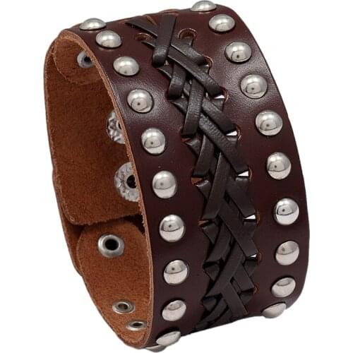Jessingshow Male Black Brown Manual Weave Genuine Leather Bracelets Men Vintage Imprint Wide Bangles Punk Rock Style Jewelry