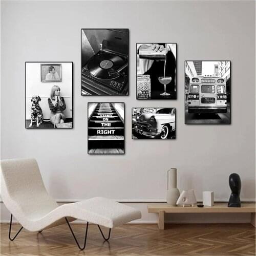 Record Dog Woman Canvas Paintings Vintage Poster Black And White Car Bus Wall Art Print Nordic Wall Pictures Living Room Decor