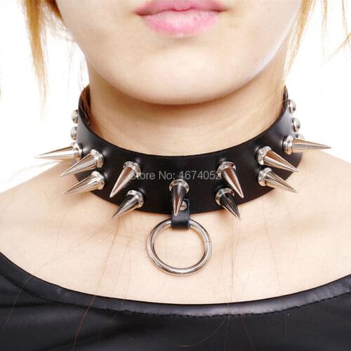 Fashion Button Jewelry Punk Gothic Rock Double Row Spikes Studded Rivet O Round Charm Choker Collar Necklace