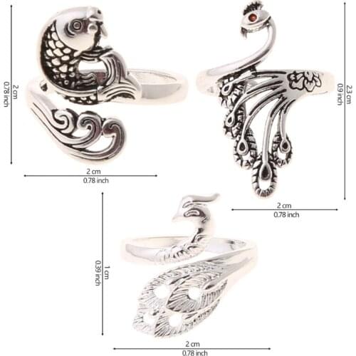 3Pcs Knitting Loop Crochet Ring Set Adjustable Fish Peacock Braided Rings T84A