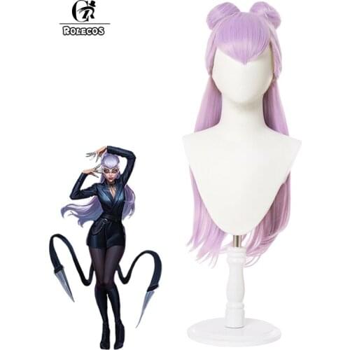 ROLECOS wig KDA Baddest Evelynn Cosplay Wigs LOL KDA Cosplay Long Purple Wigs with Buns Heat Resistant Synthetic Hair Game Cos