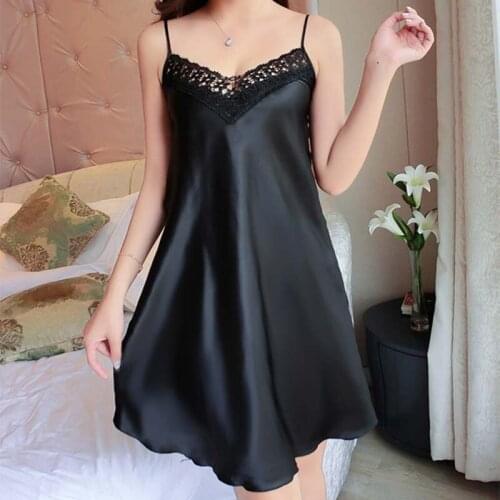 Sexy Nightdress Deep V Lace Sleepwear Women Lingerie Silk Satin Nightie Nightgown Sleeveless Sling Nightwear Home Dress #D