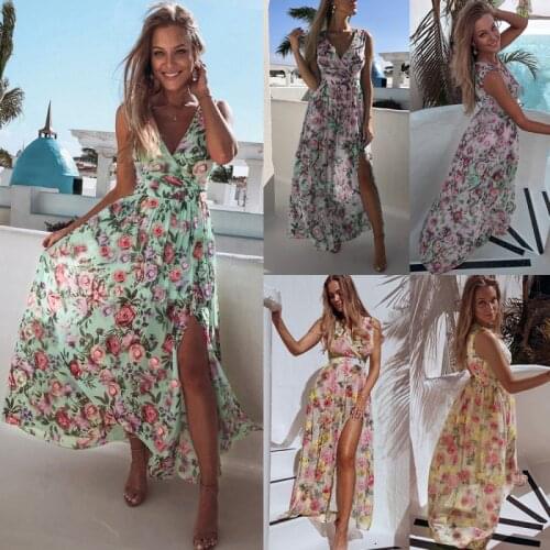 Bohemia Womens Deep V Neck Long Dress Fashion Sexy Split Dress Summer Casual Tunic Print Ankle Length Dresses Vestidos