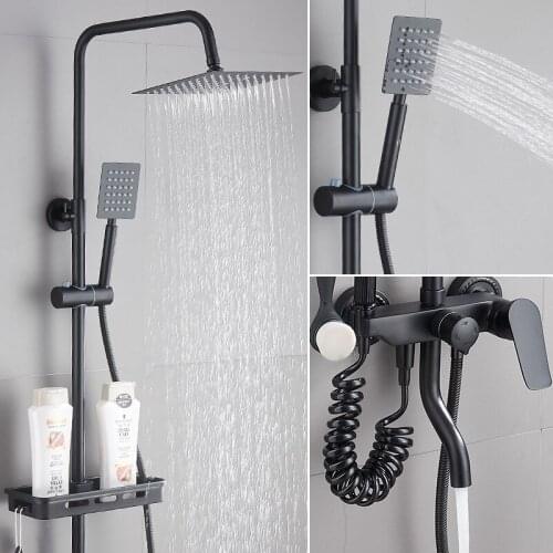 Full Copper Black Shower Square Shower Suit Lift Pressure Boost Get Wet In The Rain Nozzle More Function Four Shower Stall