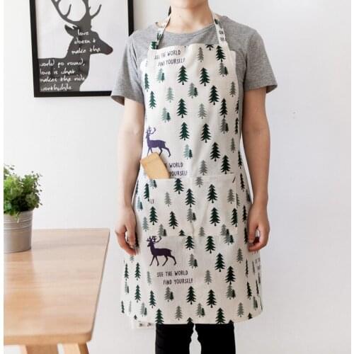 Christmas Tree Deer Nordic Wind Cotton Linen Apron English Printed Apron Couple Fashion Kitchen Partner Adult Bibs Catering Cook