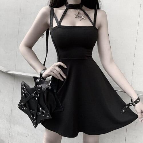 Ruibbit New Gothic Sexy Bodycon Summer Dresss For Women Black Punk Halter Hollow Out High Waist A Line Female Mini Dresses
