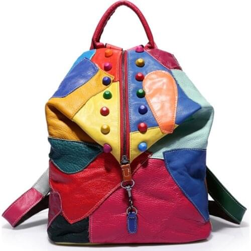 Brand Retro Genuine Leather Backpack Sheepskin Ladies Travel Backpacks Designer Colorful Patchwork Luxury Shopper Bags Mochila