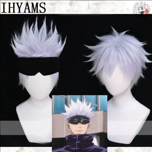 Jujutsu Kaisen Gojo Satoru Silver Short Fluffy Layered Synthetic Hair Cosplay Anime Wigs + Wig Cap