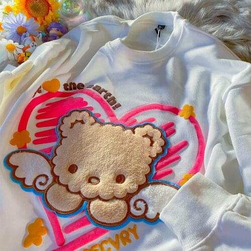 Punk Style Sweet Girl Heart Print Plush Bear Embroidery Sweatshirt White Fashion Tops Harajuku Korean Oversized Hoodies Pullover