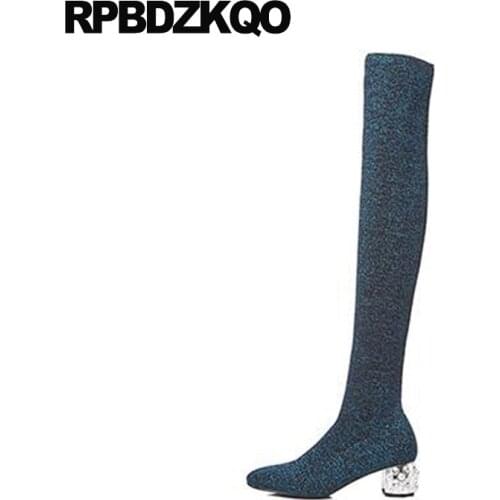 Knit blue shoes thigh high boots for plus size women sock rhinestone chunky 41 ladies pearl 10 stretch over the knee slim big