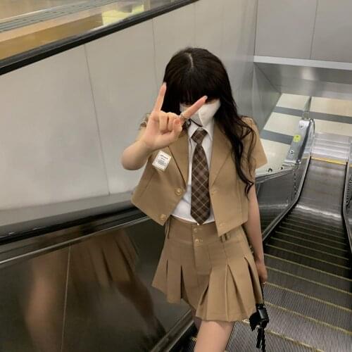 Japanese School Uniform 2021 Summer Womens 4Pcs Korean College Style Fashion Short Sleeve Jacket Mini Pleated Skirts Female