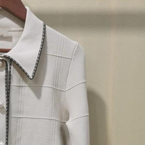 Womens Knitted Jacket White Long Sleeve Pocket Knitted V-neck Cardigan Jacket French Brand Elegant Office Clothes Top