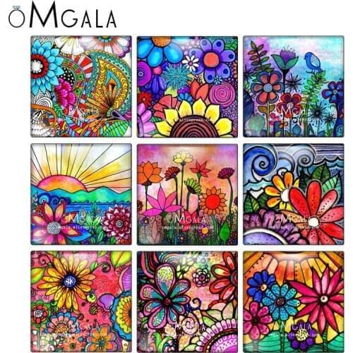 Art Colorful Oil Painting Flowers Square 10pcs mixed 12mm/20mm/25mm/30mm photo glass cabochon demo flat back Making findings