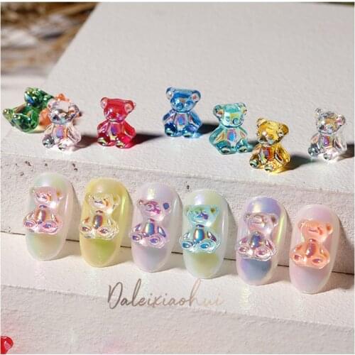 100Pcs/Lot Holo Bear Resin Aurora Colorful Decoration 8*10mm Tiny Bear 3D Cute Animal Resin Gems Holo Stones For Nails UV Gel