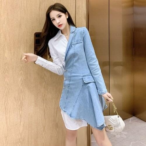 2021 Fashion dress Womens Clothing Spring Fall Denim Stitching Notched dress Female New long sleeve Sexy dresses