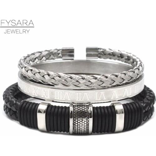 3pcs/Set Men Black Leather Roman Bangles Set Stainless Steel Wristband Braiding Bangles Cuff Bracelets For Men HipHop Jeweley