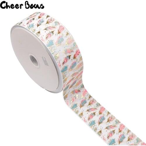 75mm Bronzing Grosgrain Ribbon Glitter Feather Printed Ribbons For Crafts DIY Hair Accessories Gifts Wrapping Materials 2Yards