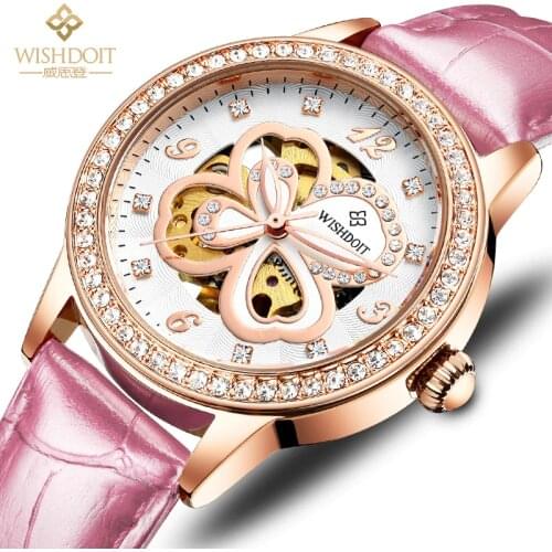 WISHDOIT Ladies Mechanical Watch Diamond Face Small Dial Waterproof Luminous Watches Four-Leaf Clover Quartz Elegant Wrist Clock