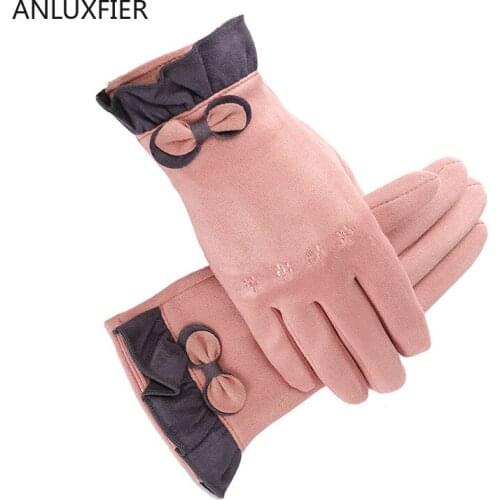 H9904 Women Warm Glove Ladies Winter Lovely Cute Bowknot Korean Mittens Suede Velvet Thickened Thermal Touch Screen Hand Muff
