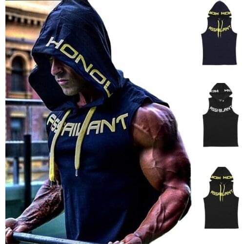 Gym Sleeveless Hoodie Mens Bodybuilding Tank Tops Muscle Workout Vest Men Running Hooded Vest