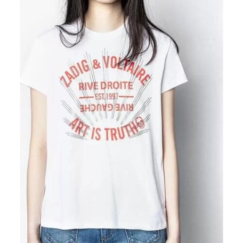 Fashion Summer Women Slim Letter Print Diamonds Cotton Top Female High Quality Casual New T-Shirt Ladies White Elegant Tee ML055