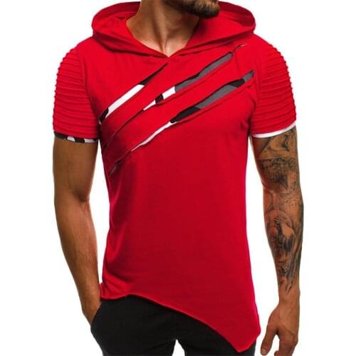 Men T-Shirts 2021 Summer New Fashion Casual Patchwork Short Sleeve Hooded Ripped+Camoflage T-shirts Plus Size 2XL